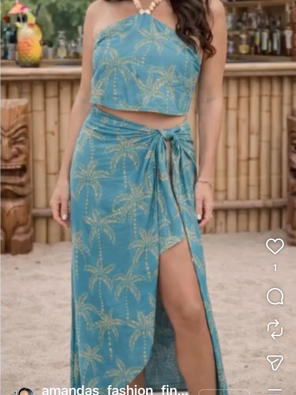 True Destinations Teal Palm-Print Wrap Skirt Sarong and Halter Sz L NWT